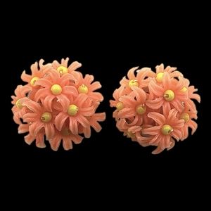 Vintage Clip Earrings, Large Apricot Floral Earrings, Signed Hong Kong